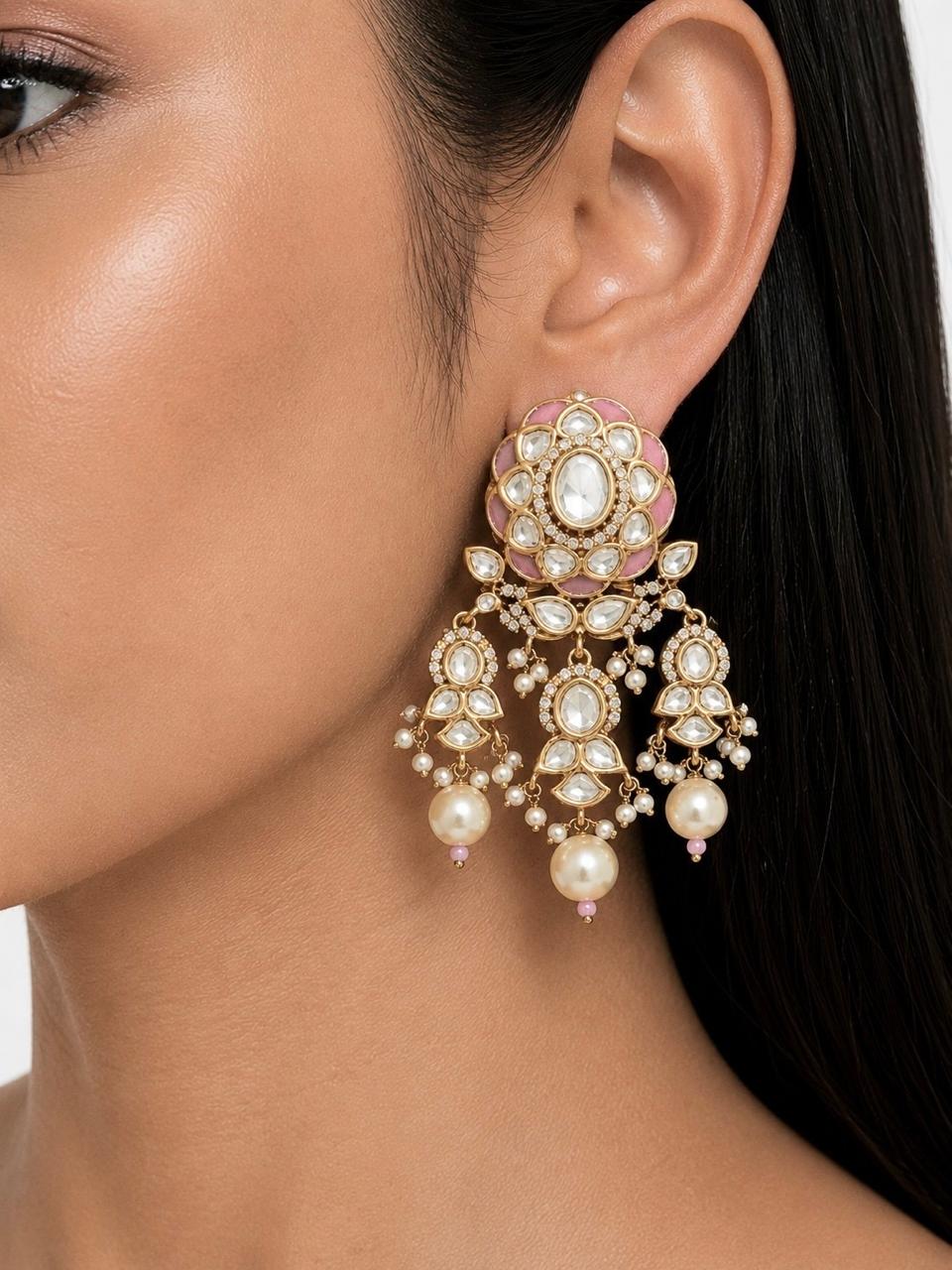 Jakra Pink, Pearls & Moissanite Polki Kundan with Zircon Diamond Detailing Statement Luxe Necklace Set (Necklace & Earrings)
