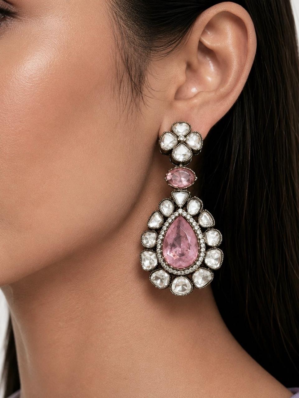 Afaf Pink Moissanite Polki Kundan Statement Luxe Necklace Set — worn on model — Prerto