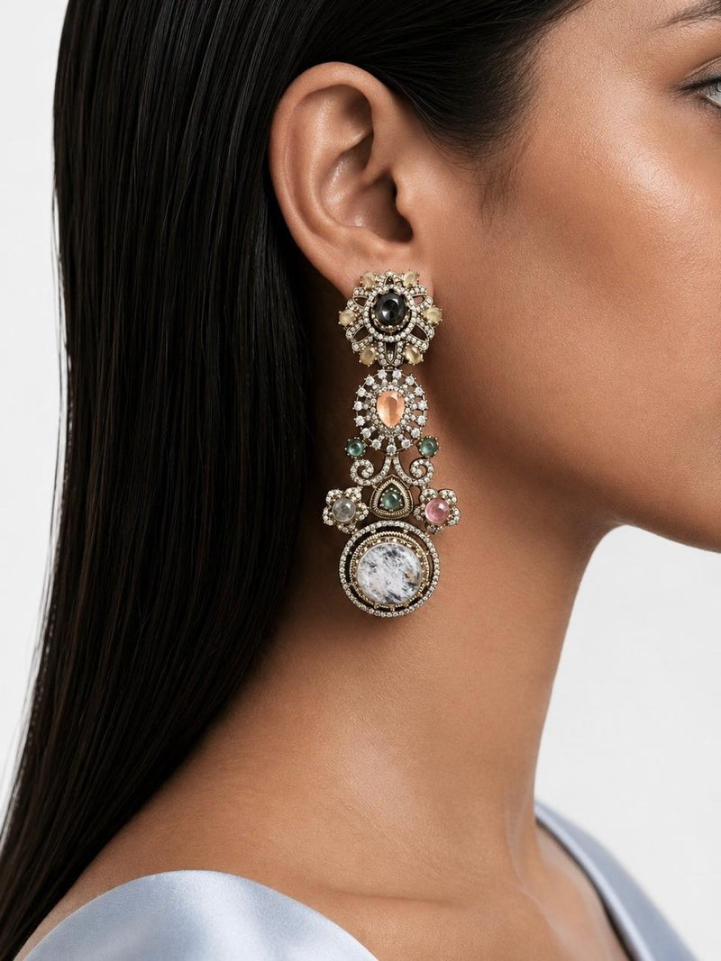 Liyana Multi Colour Moissanite Polki Kundan Statement Luxe Necklace Set — worn on model — Prerto