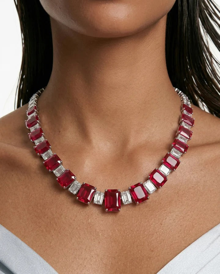 Maharani Dania Ruby and Diamond-Like Zircon Compressed Setting Statement Necklace Set & Dima Ruby and Diamond-Like Zircon Statement Necklace Set (2 Necklace & 2 Earrings)