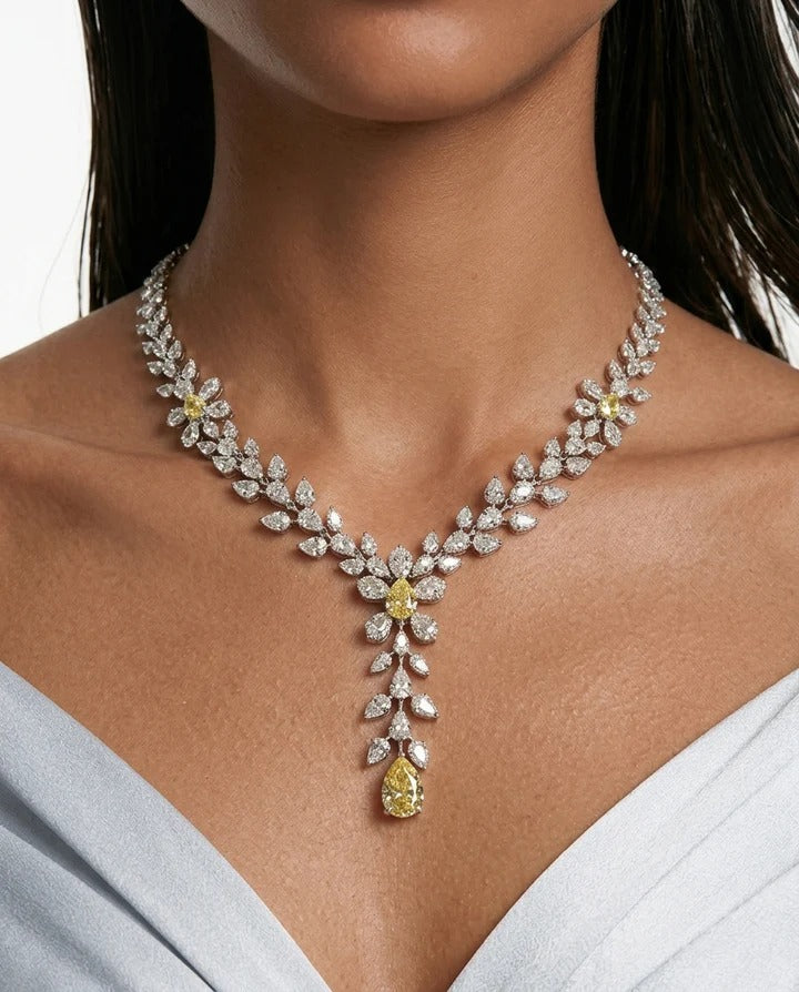 Maharani Dania Citrine and Diamond-Like Zircon Compressed Setting Statement Necklace Set & Dima Citrine and Diamond-Like Zircon Statement Necklace Set (2 Necklace & 2 Earrings)