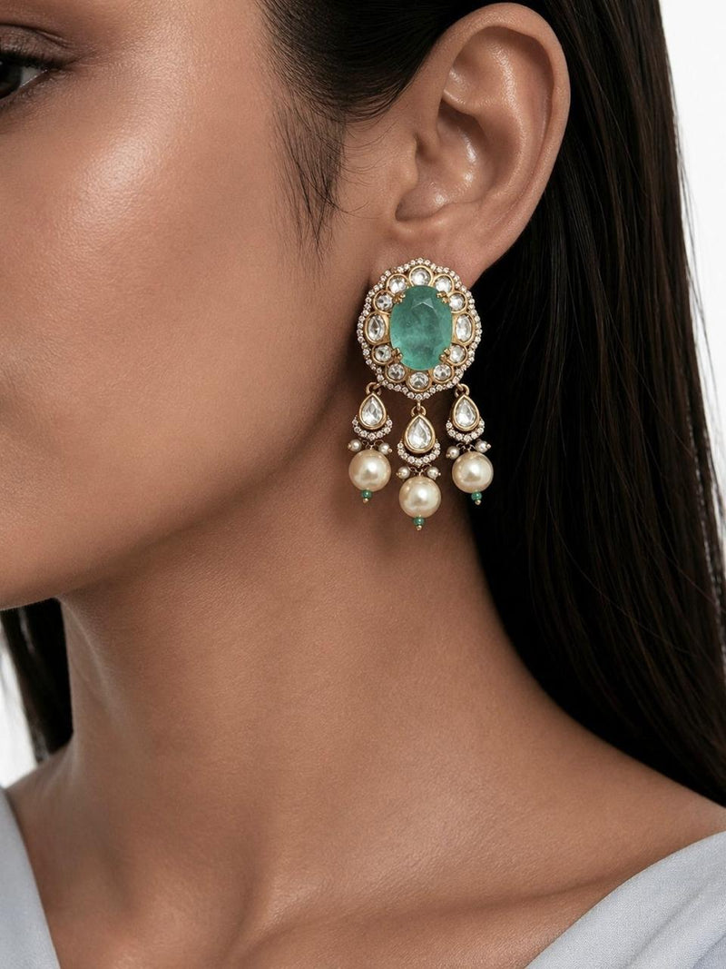 Kiran Mint, Pearls & Moissanite Polki Kundan with Zircon Diamond Detailing Statement Luxe Necklace Set (Necklace & Earrings)