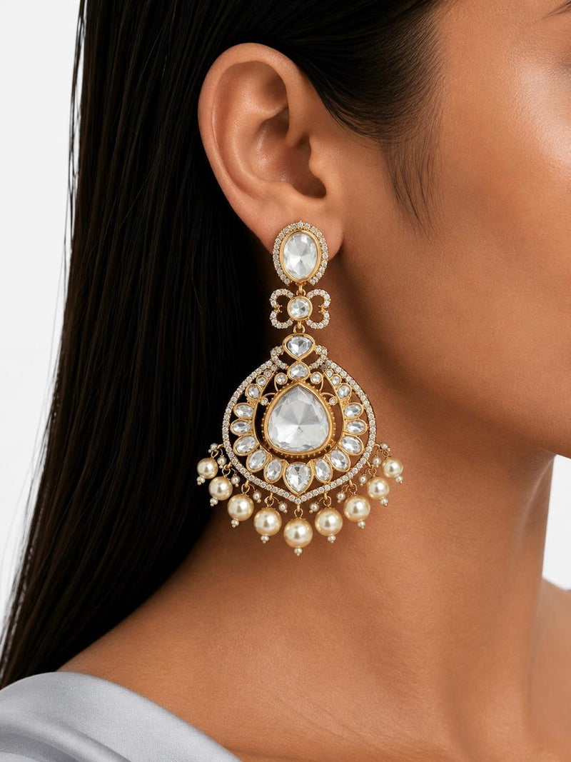 Asma Pearls & Moissanite Polki Kundan with Zircon Diamond Detailing Statement Luxe Necklace Set (Necklace & Earrings)