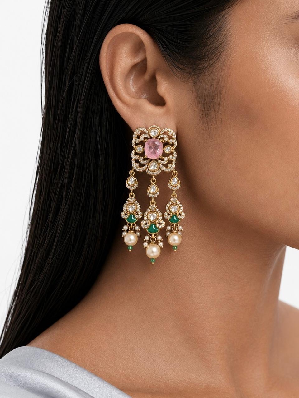 Hajra Pink, Mint Pearls & Moissanite Polki Kundan with Zircon Diamond Detailing Statement Luxe Necklace Set (Necklace & Earrings)
