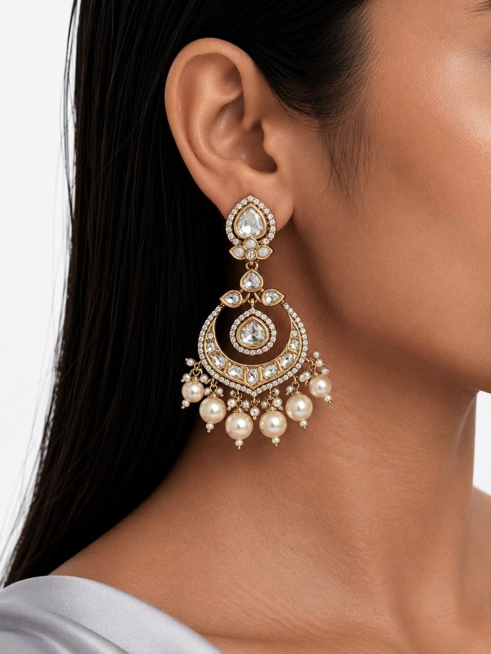 Aqsa Pearls & Moissanite Polki Kundan with Zircon Diamond Detailing Statement Luxe Necklace Set (Necklace & Earrings)