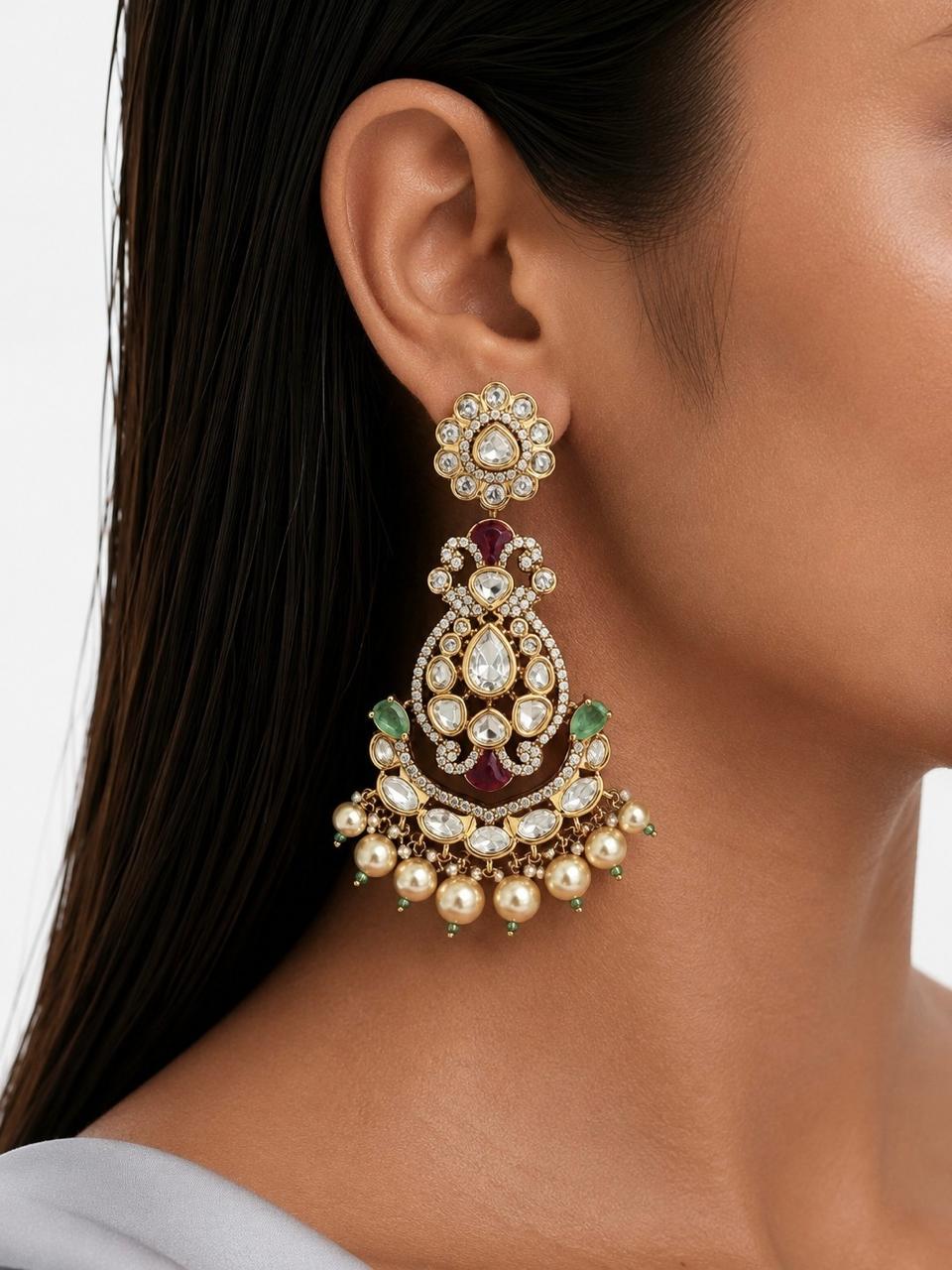 Anum Mint, Ruby, Pearls & Moissanite Polki Kundan with Zircon Diamond Detailing Statement Luxe Necklace Set (Necklace & Earrings)