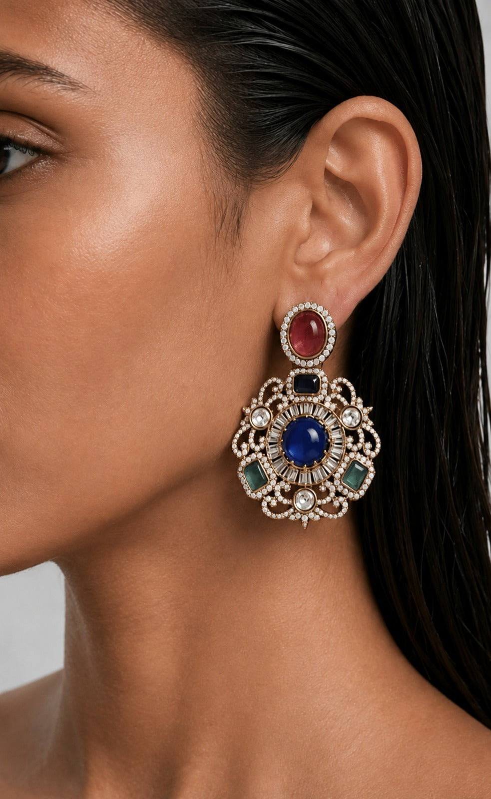 Calla Multi Colour & Moissanite Polki Kundan with Zircon Diamond Detailing Statement Luxe Necklace Set (Necklace & Earrings)