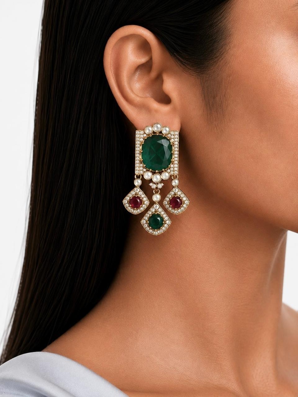 Amna Multi Colour Semi Precious Stones & Moissanite Polki Kundan with Zircon Diamond Detailing Statement Luxe Necklace Set (Necklace & Earrings)