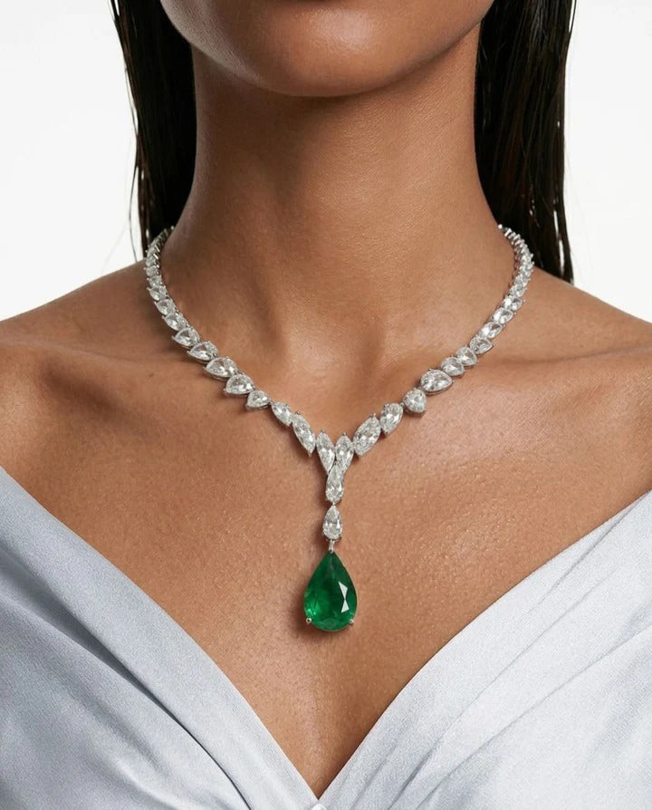 Khadija Emerald and Diamond-Like Zircon Statement Necklace Set (Necklace & Earrings)