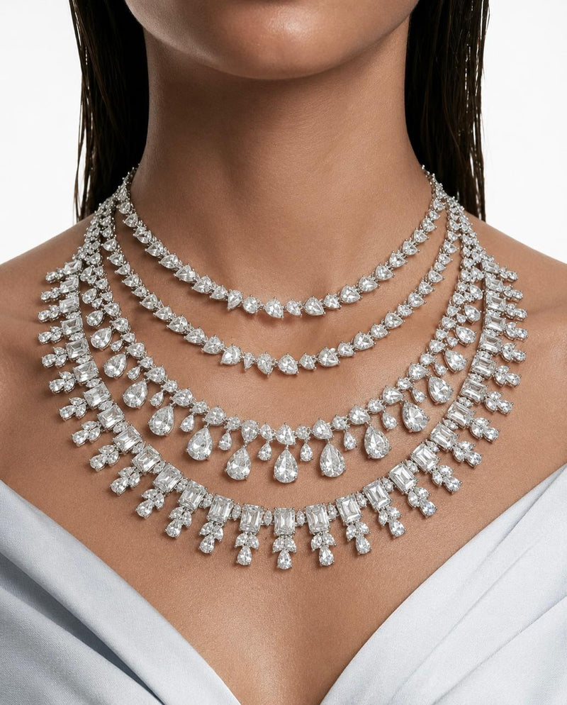 3 Layer Dimonte Tear Drop Necklace Set & Baguette Rose Diamond Set (Maharani Set)