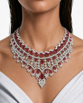 Vaanya Ruby Drops & Diamond-Like Zircon Single Line Statement Necklace Set & Jahnavi Ruby and Diamond-Like Zircon Compressed Setting Statement Necklace Set (Maharani Set)