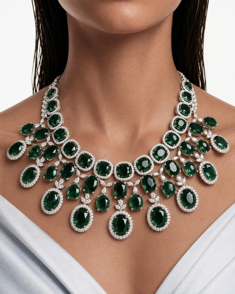 Sage Emerald Set (Earrings & Necklace) & Leh Emerald Square Statement Necklace Set (Maharani Set)