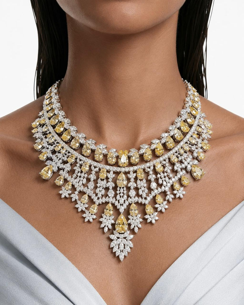 Vaanya Citrine Drops & Diamond-Like Zircon Single Line Statement Necklace & Jahnavi Citrine and Diamond-Like Zircon Compressed Setting Statement Necklace (Maharani Set)