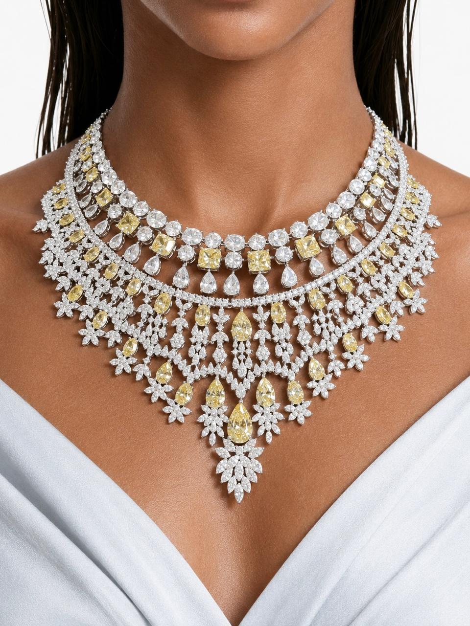 Niharika Diamond-Like Zircon Ovals with Citrine Square & Diamonds Statement Necklace & Jahnavi Citrine and Diamond-Like Zircon Compressed Setting Statement Necklace (Maharani Set)