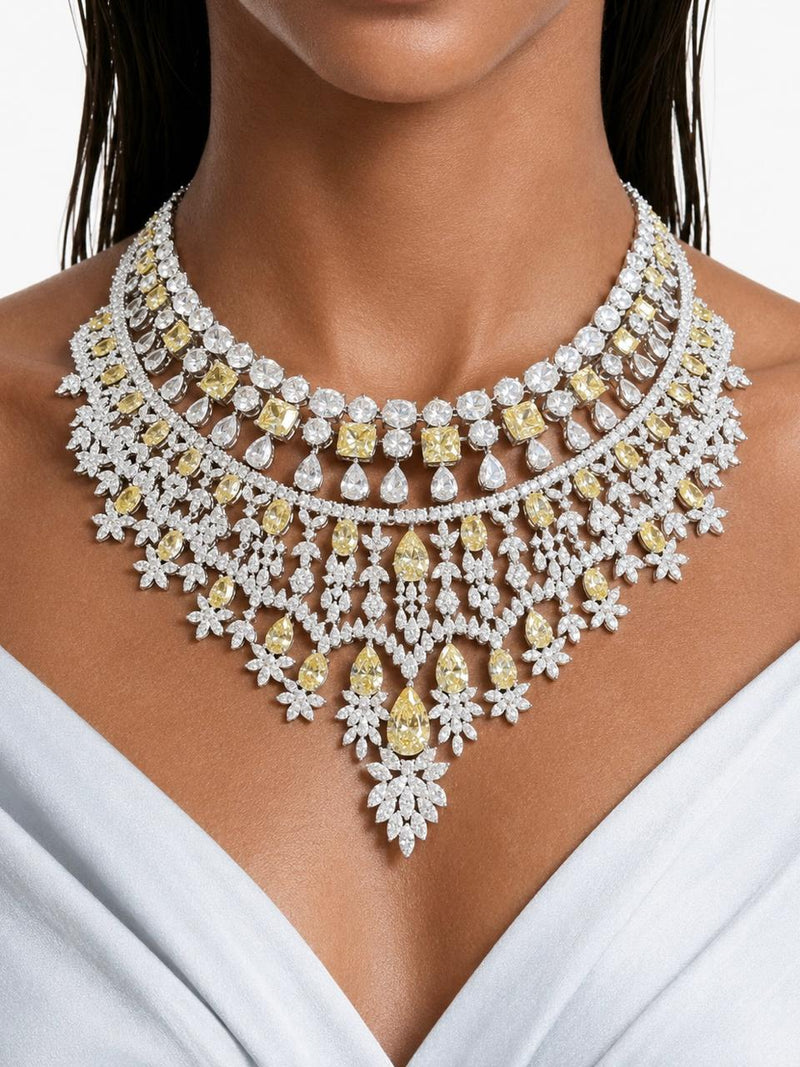 Niharika Diamond-Like Zircon Ovals with Citrine Square & Diamonds Statement Necklace & Jahnavi Citrine and Diamond-Like Zircon Compressed Setting Statement Necklace (Maharani Set)