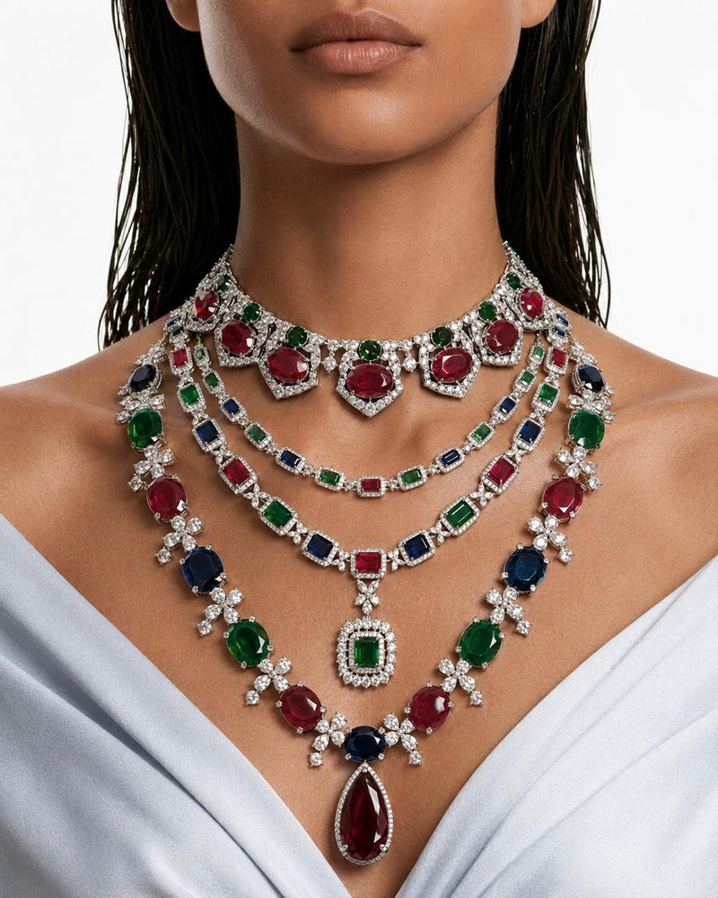 Aarohi Emerald, Ruby and Diamond-Like Zircon with Enamel Detailing Necklace Set & Eshika 4 Layered Multicolour Diamond Statement Necklace Set (Maharani Set)