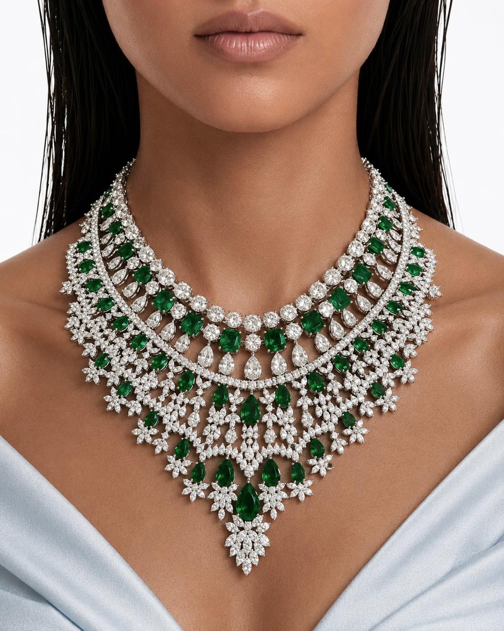 Niharika Diamond-Like Zircon Ovals with Emerald Square & Diamonds Statement Necklace & Jahnavi Emerald and Diamond-Like Zircon Compressed Setting Statement Necklace (Maharani Set)