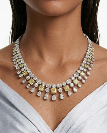 Niharika Diamond-Like Zircon Ovals with Citrine Square & Diamonds Statement Necklace & Jahnavi Citrine and Diamond-Like Zircon Compressed Setting Statement Necklace (Maharani Set)