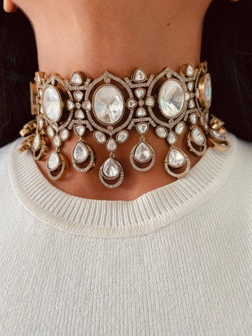 Mahal Moissanite Choker Necklace Set with zircon diamond detailing — Maharani set — Prerto