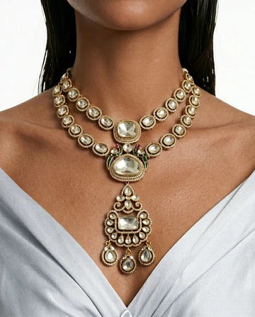 Sirin Two Layered Moissanite Polki Kundan Necklace Set with dangling pendant — Maharani set — Prerto
