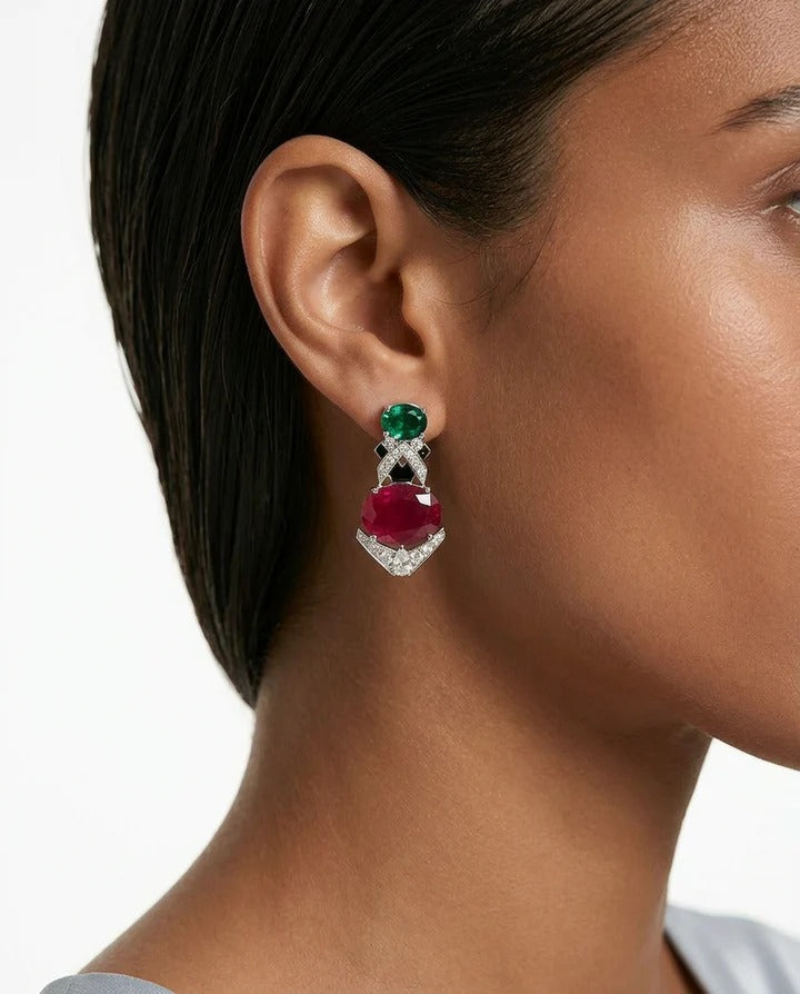 Aarohi Emerald, Ruby and Diamond-Like Zircon with Enamel Detailing Necklace Set & Eshika 4 Layered Multicolour Diamond Statement Necklace Set (Maharani Set)