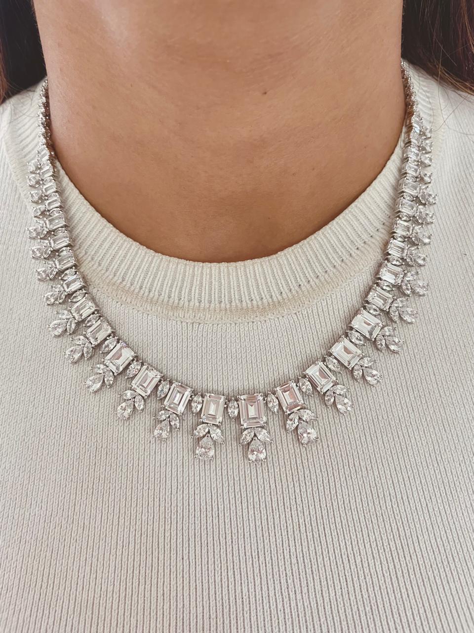 3 Layer Dimonte Tear Drop Necklace Set & Baguette Rose Diamond Set (Maharani Set)