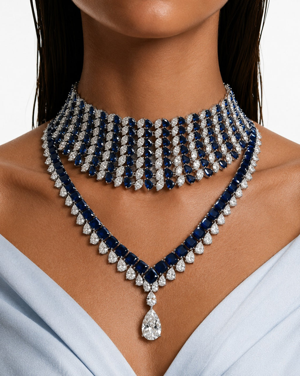 Maharani Heart Sapphire & Diamond Necklace Set & Basma Sapphire and Diamond-Like Zircon Drop Pendant Statement Necklace Set (2 Necklace & 2 Earrings)