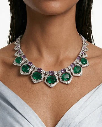 Maharani Aarohi Emerald, Citrine and Diamond-Like Zircon with Enamel Detailing Necklace Set & Bahiyya Emerald Drops & Diamond-Like Zircon Statement Pendant Necklace Set (2 Necklace & 2 Earrings)