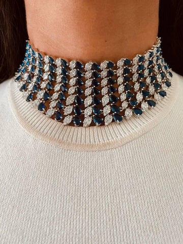 Maharani Heart Sapphire & Diamond Necklace Set & Basma Sapphire and Diamond-Like Zircon Drop Pendant Statement Necklace Set (2 Necklace & 2 Earrings)