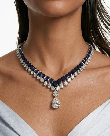 Maharani Heart Sapphire & Diamond Necklace Set & Basma Sapphire and Diamond-Like Zircon Drop Pendant Statement Necklace Set (2 Necklace & 2 Earrings)