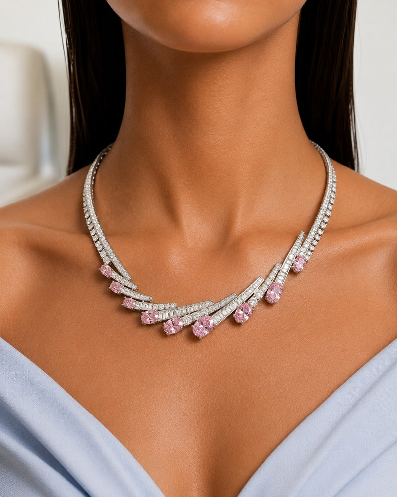 Pink Elara Diamond-Like Zircon Necklace Set (Necklace & Earrings)
