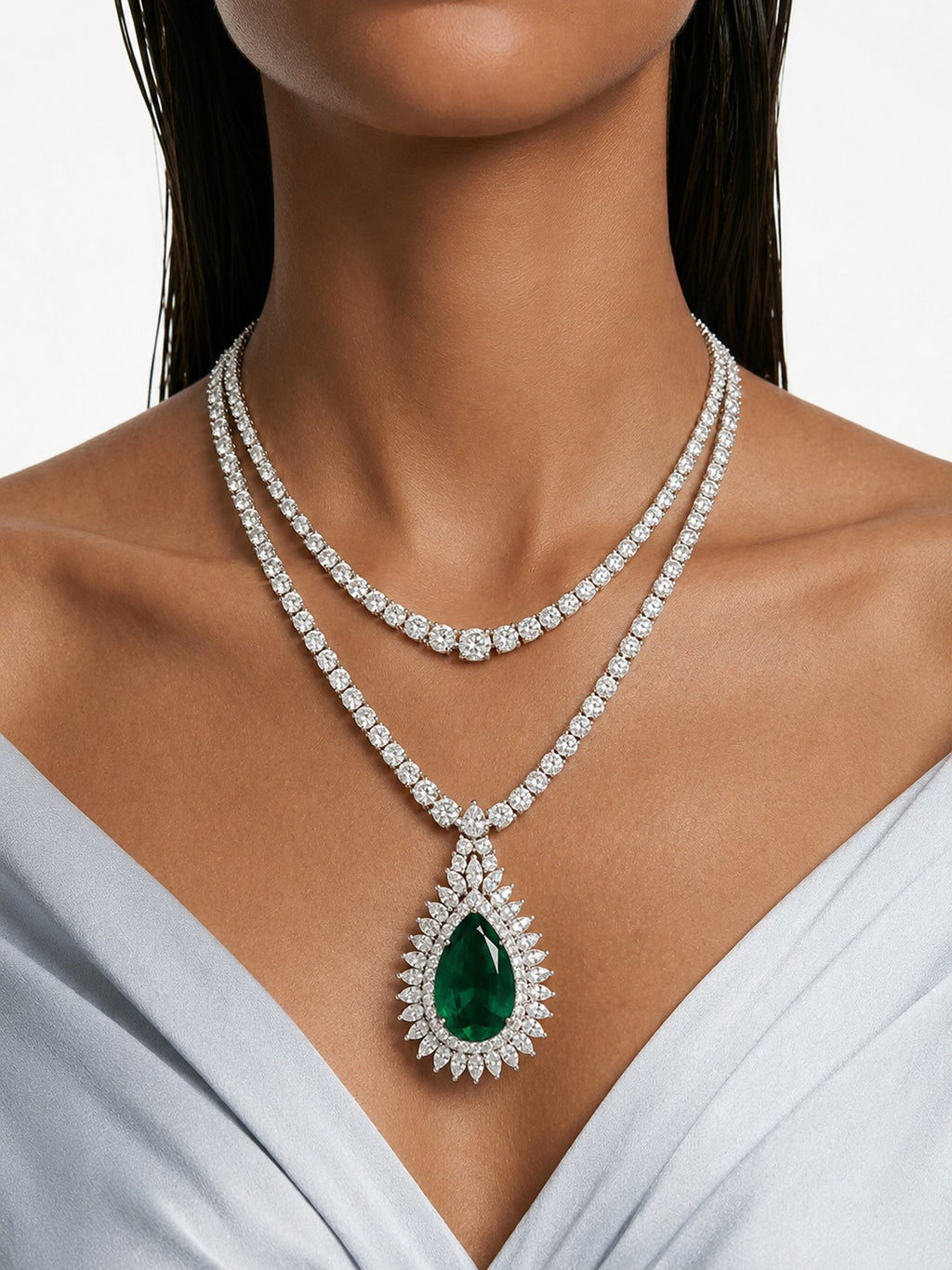 Veloura Emerald Diamond Like Zircon Double-Layer Necklace Set (Necklace & Earrings)