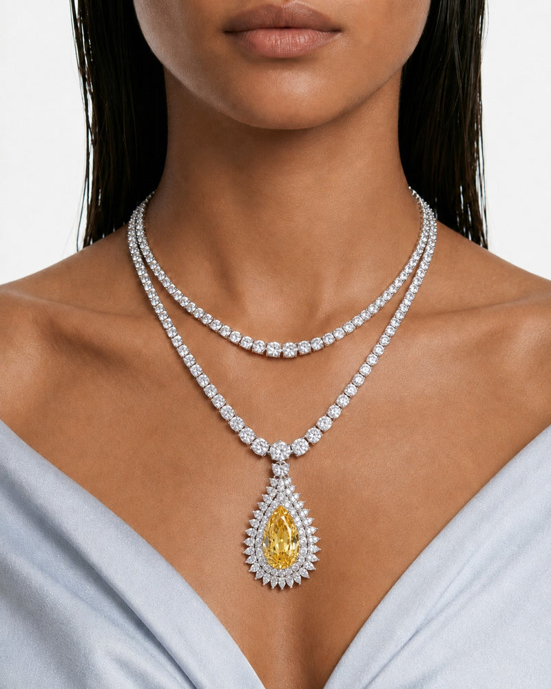Veloura Citrine & Zircon Diamond Like Double-Layer Necklace Set (Necklace & Earrings)