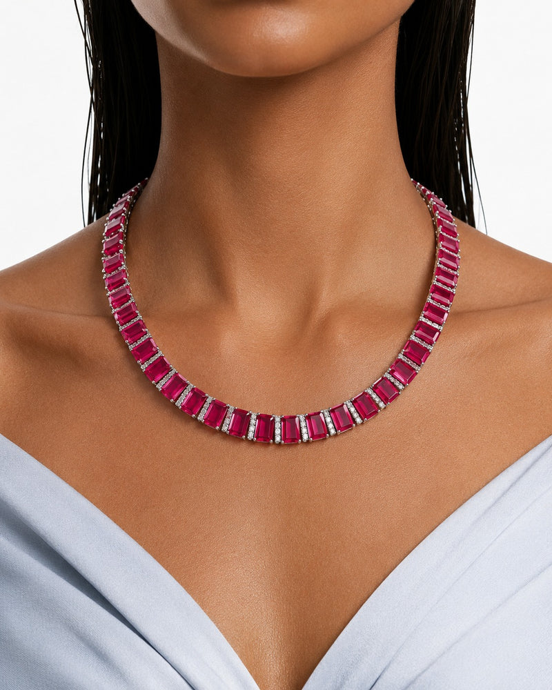 Riviera Ruby & Zircon Diamond Single Line Tennis Necklace Set (Necklace & Earrings)