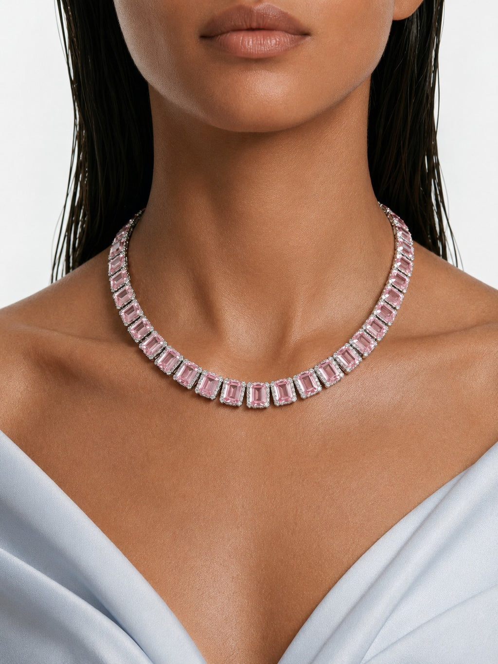 Riviera Pink & Zircon Diamond Single Line Tennis Necklace Set (Necklace & Earrings)