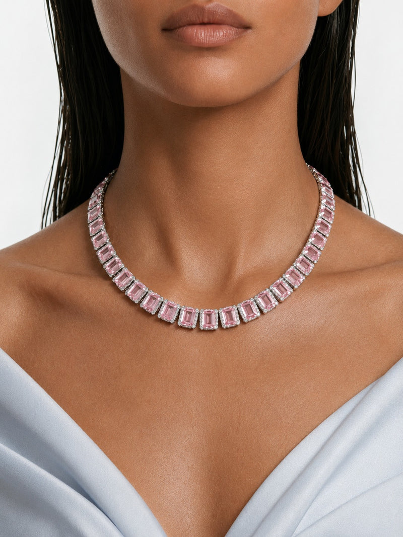 Riviera Pink & Zircon Diamond Single Line Tennis Necklace Set (Necklace & Earrings)