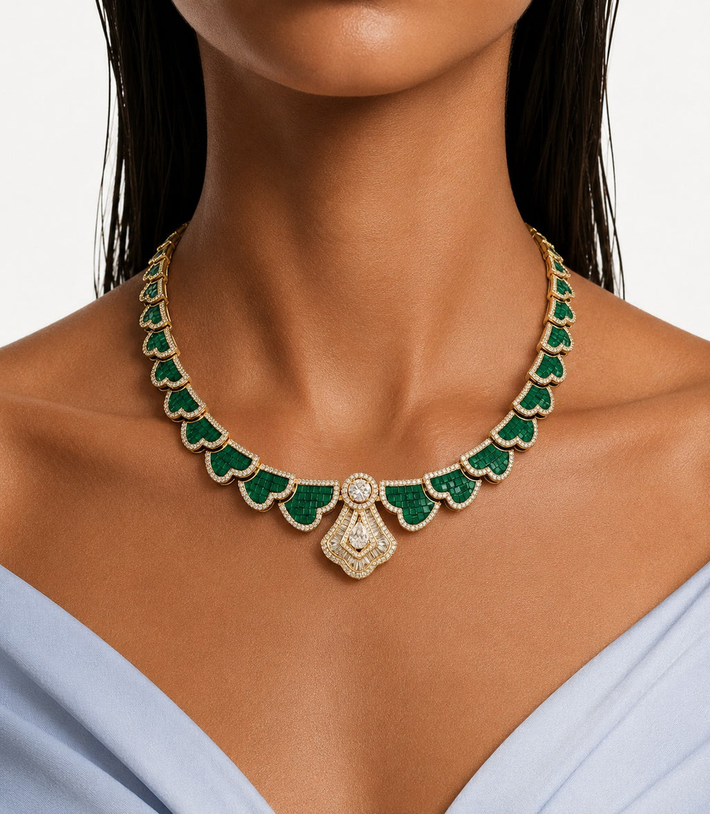 Jharokha Emerald Diamond-Like Zircon Statement Pendant Necklace Set (Necklace & Earrings)