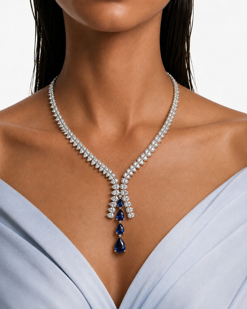 Azure Sapphire Droplets Diamond-Like Zircon Statement Pendant Necklace Set (Necklace & Earrings)