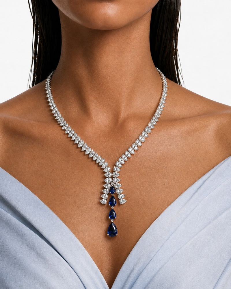 Azure Sapphire Droplets Diamond-Like Zircon Statement Pendant Necklace Set (Necklace & Earrings)