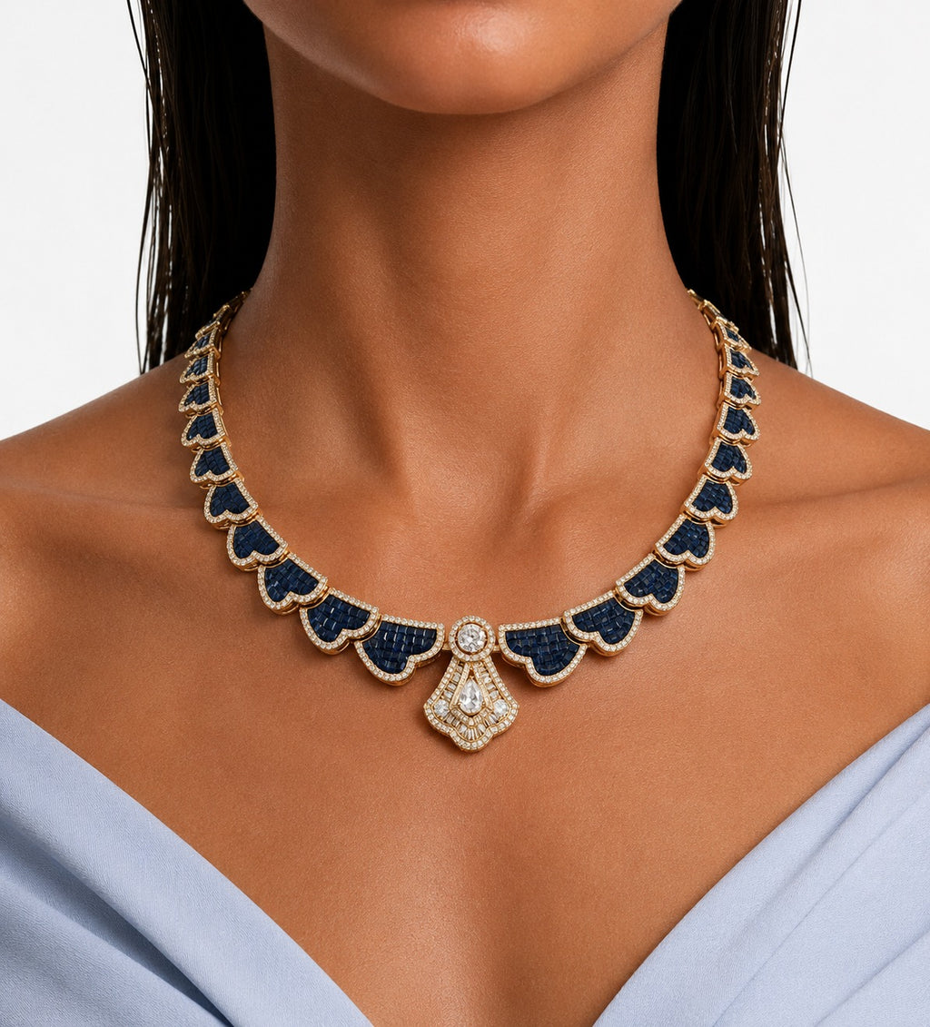 Jharokha Sapphire Diamond-Like Zircon Statement Pendant Necklace Set (Necklace & Earrings)