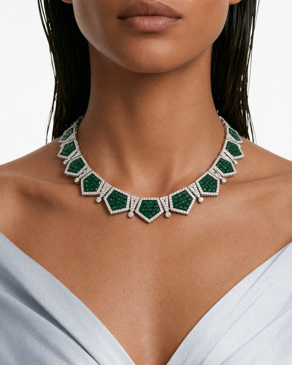 Montverde Emerald Diamond-Like Zircon Statement Pendant Necklace Set (Necklace & Earrings)