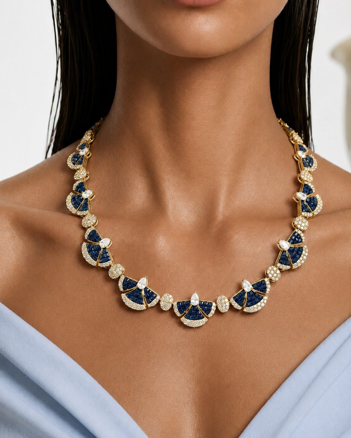 Monarch Sapphire Diamond-Like Zircon Statement Pendant Necklace Set (Necklace & Earrings)