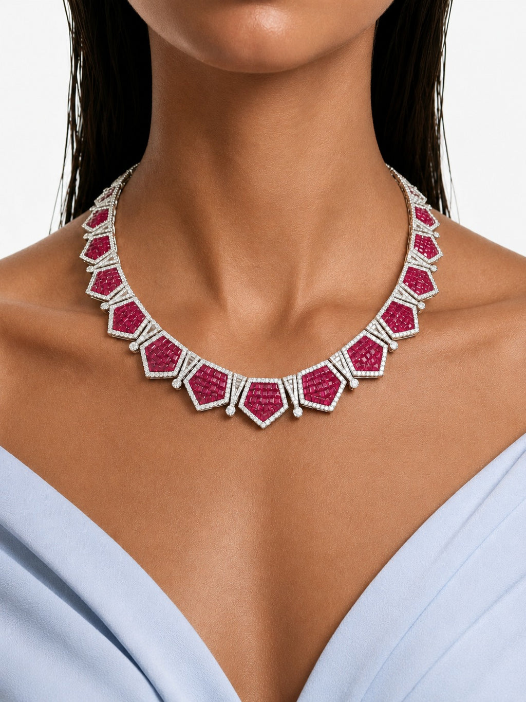 Montverde Ruby Diamond-Like Zircon Statement Pendant Necklace Set (Necklace & Earrings)