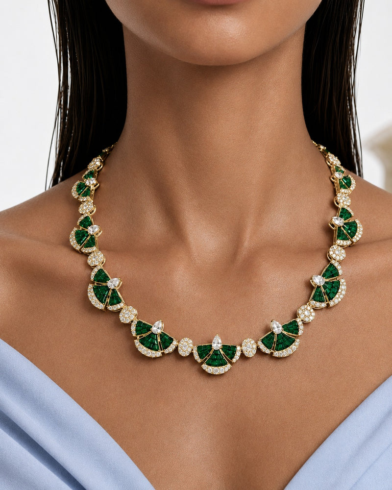 Monarch Emerald Diamond-Like Zircon Statement Pendant Necklace Set (Necklace & Earrings)