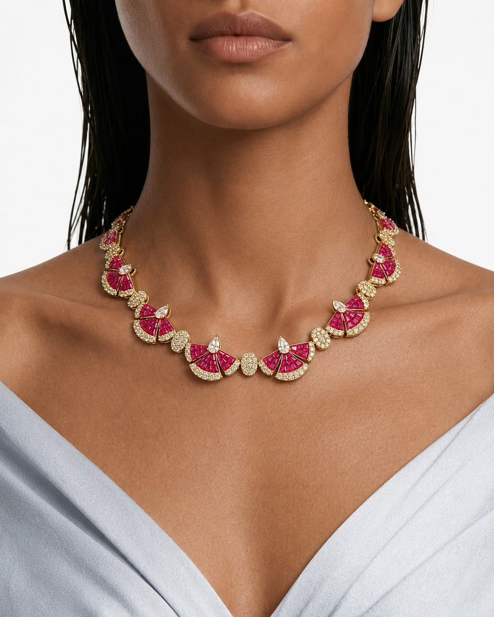 Monarch Ruby Diamond-Like Zircon Statement Pendant Necklace Set (Necklace & Earrings)