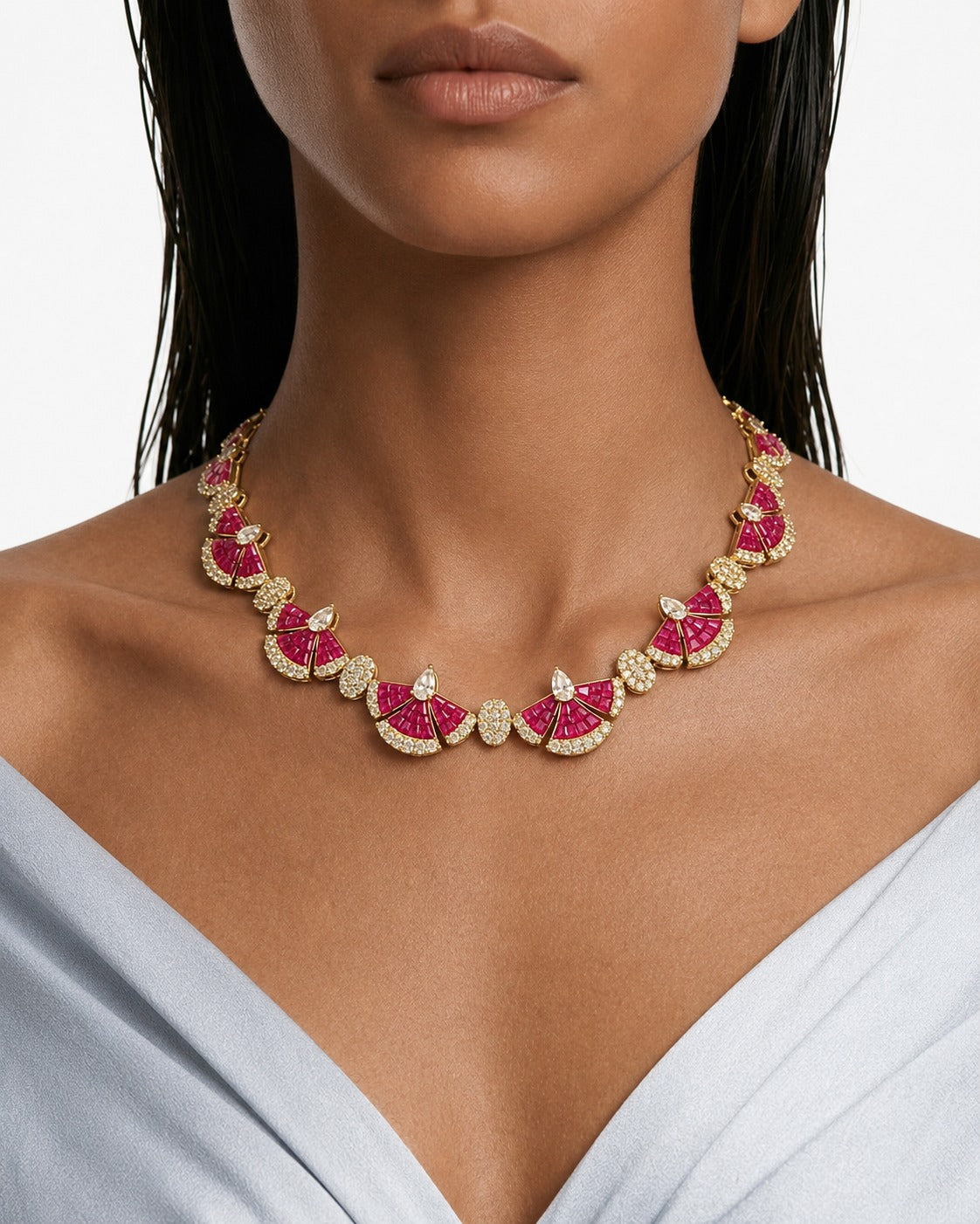 Monarch Ruby Diamond-Like Zircon Statement Pendant Necklace Set (Necklace & Earrings)