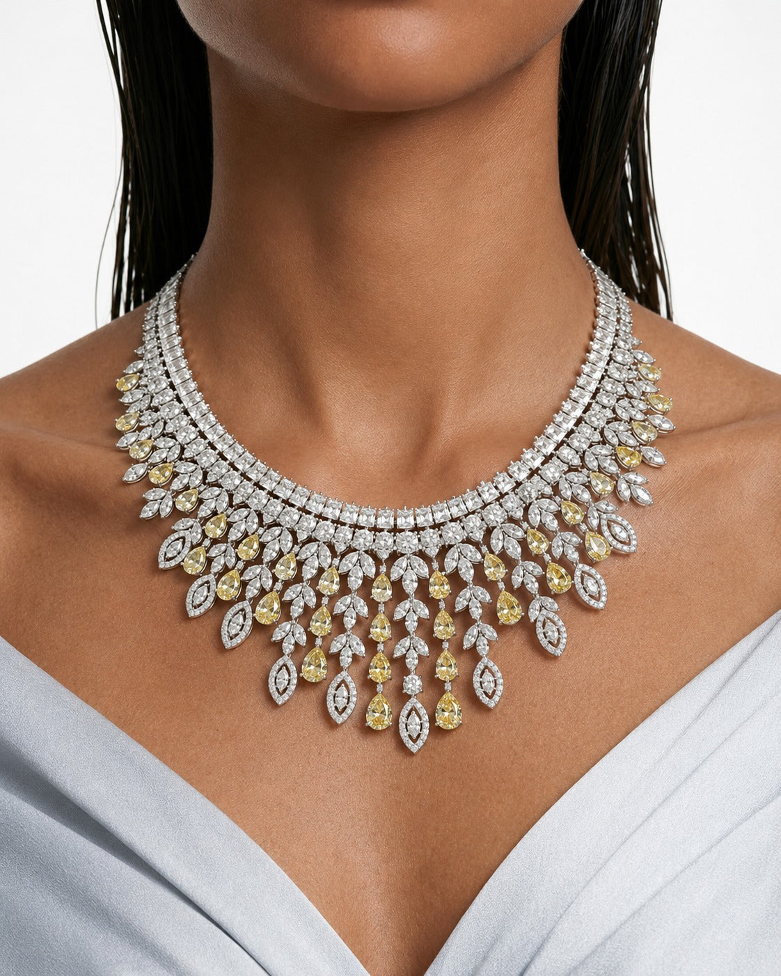 Imperia Citrine And Diamond-Like Zircon Statement Necklace Set (Necklace & Earrings)