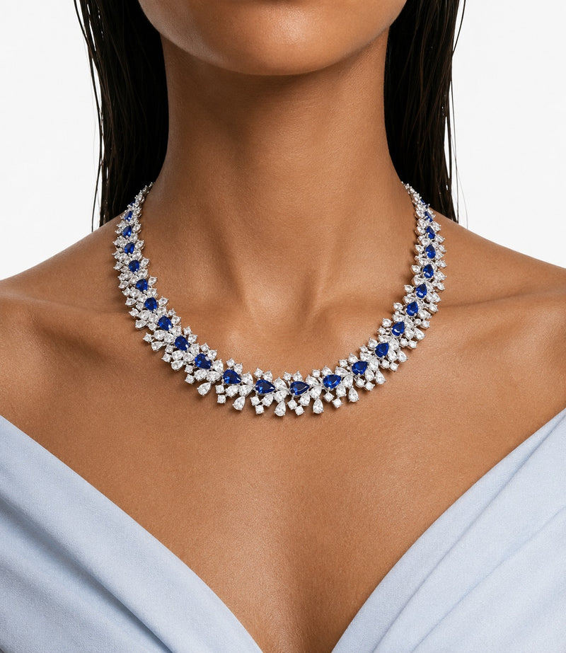 Eden Floral Sapphire & Diamond-Like Zircon Statement Necklace Set (Necklace & Earrings)
