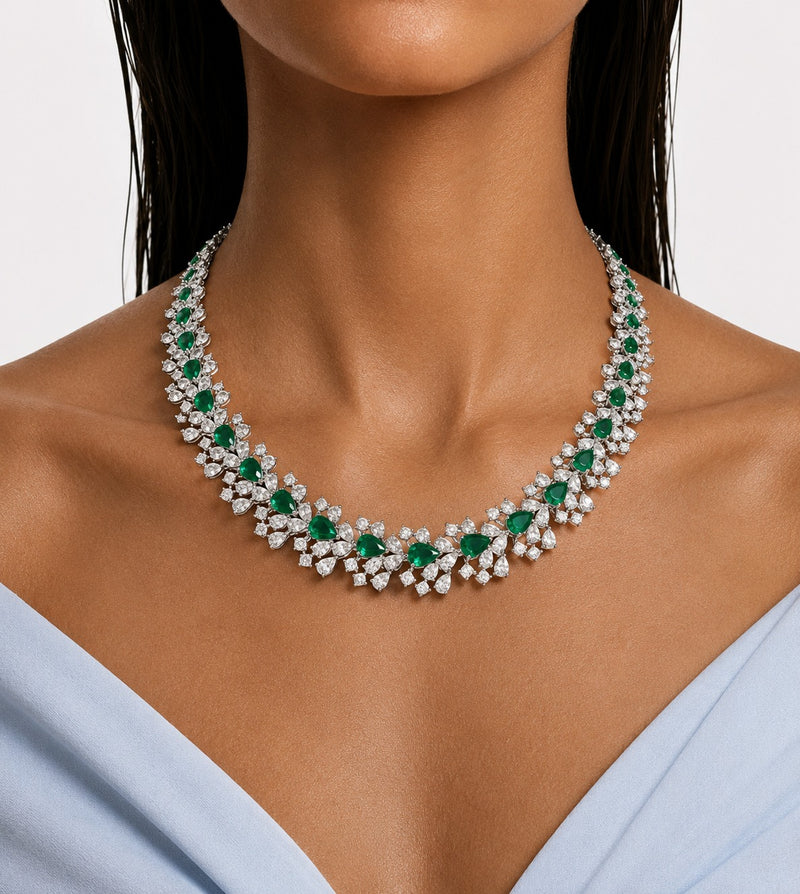 Eden Floral Emerald & Diamond-Like Zircon Statement Necklace Set (Necklace & Earrings)