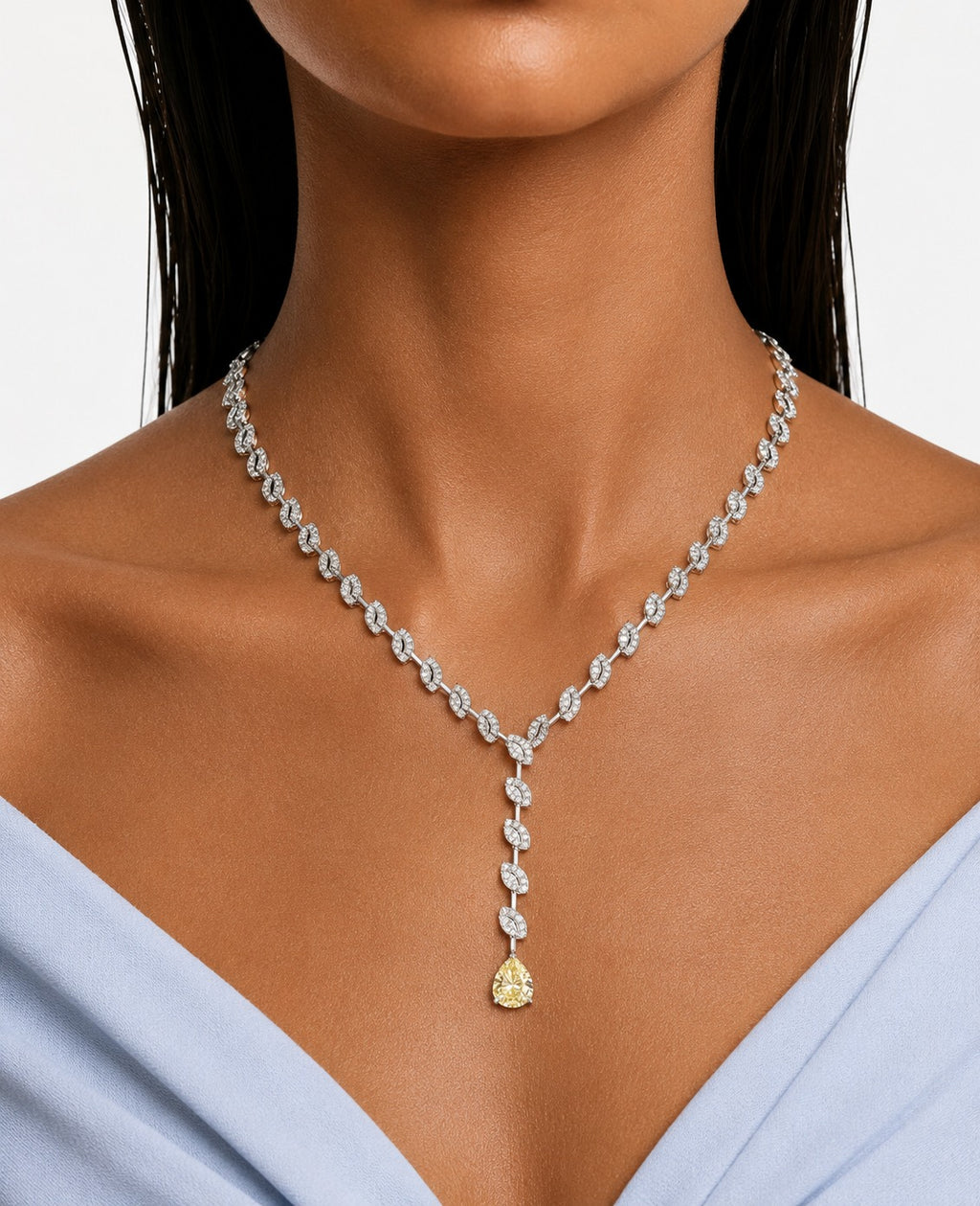 The Evora Citrine Drops & Diamond-Like Zircon Statement Necklace Set (Necklace & Earrings)